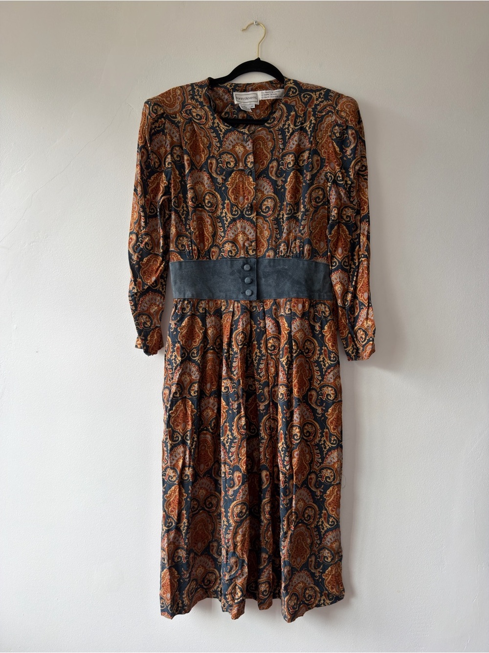 Vintage Karin Stevens Paisley Midi Dress Rayon Long Sleeve Earth Tones Size 12
